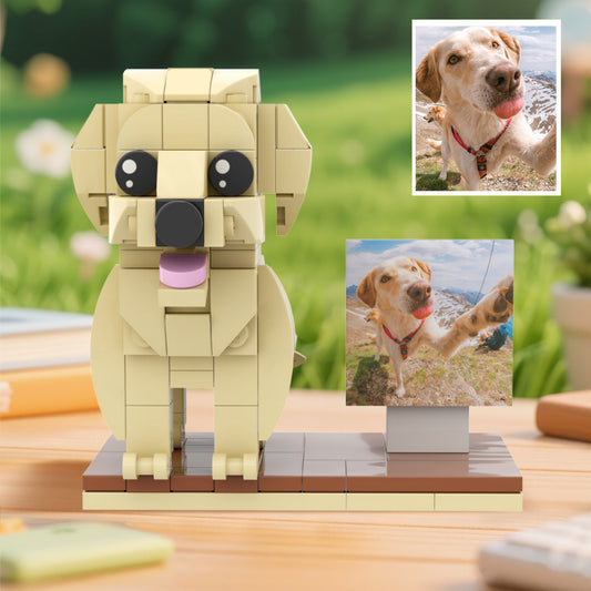 Personalised Brick Dog Figure with Frame — full-body brick-style dog minifigure displayed in a display frame, customised from pet photos.