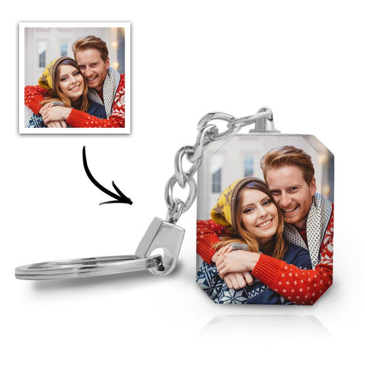 Personalised crystal photo keyring displaying double‑sided UV‑printed portrait in clear high‑transmission crystal with chain and sturdy key ring — custom photo keepsake gift