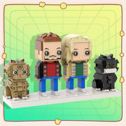Personalised full‑body brick figures of a couple with two cute cats on white background — custom 2‑person brick‑style keepsake, ideal anniversary or birthday gift