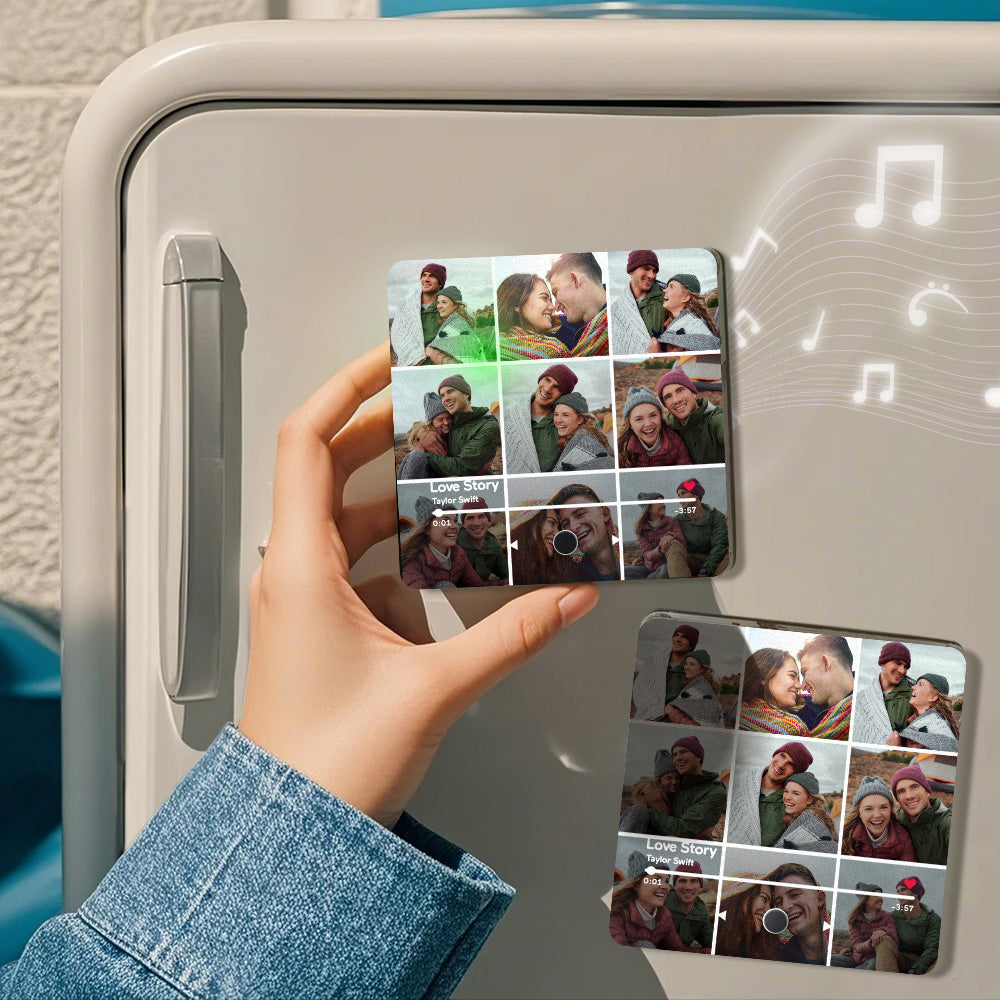 Personalised album fridge magnet mounted on a stainless-steel fridge among photographs — romantic keepsake gift for her