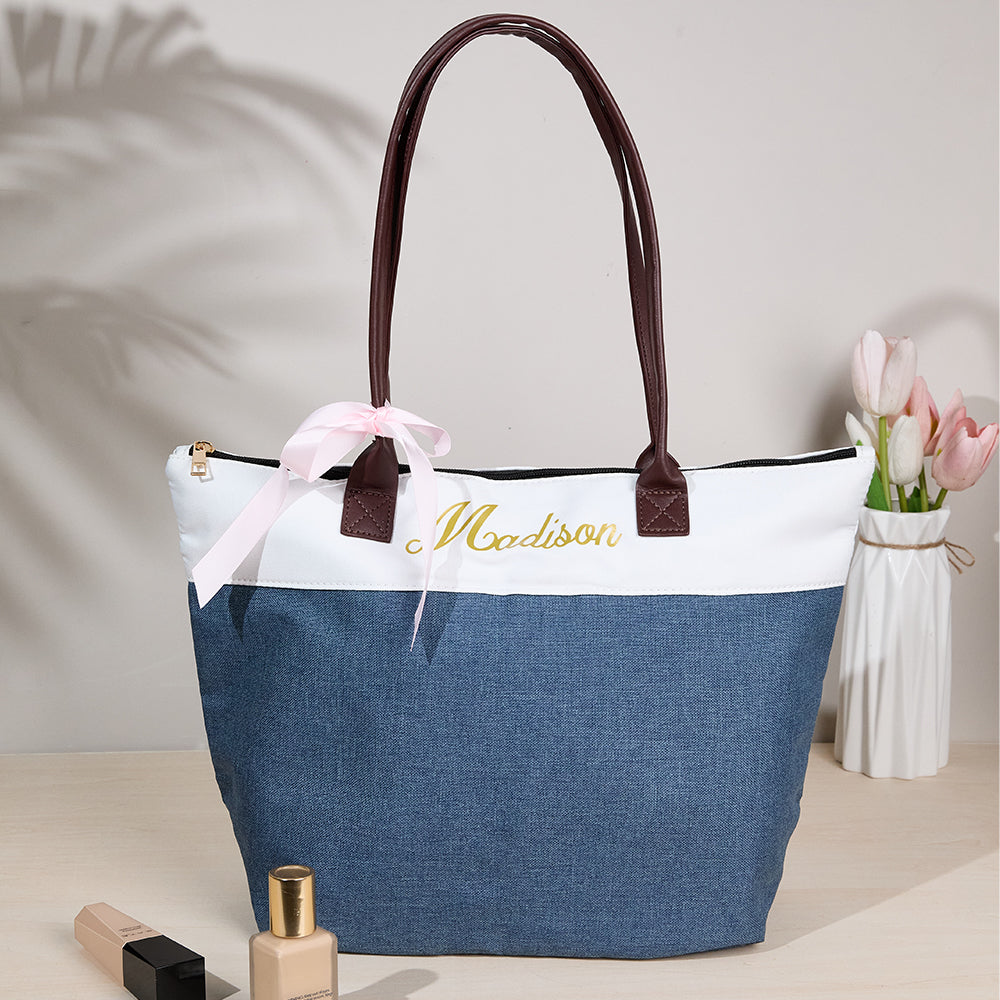 Close-up of personalised name printing on a bridesmaid canvas tote bag with ribbon — ideal bridesmaid gift or bridal shower favour