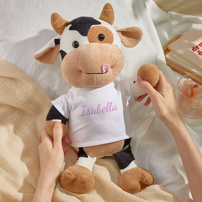 Close-up of personalised cow plush head showing custom hairstyle and facial expression, ideal custom name baby gift