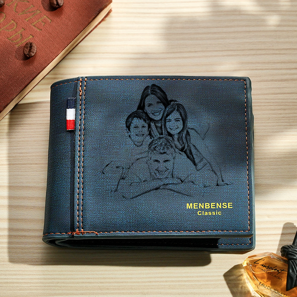 Flat‑lay of personalised photo wallet with customised name and quote printed on the leather — perfect birthday, anniversary or Father's Day present