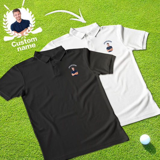 Main view of custom men's short-sleeve golf polo in black — breathable 100% polyester performance polo with lapel collar, personalised embroidered or heat-transfer logo option