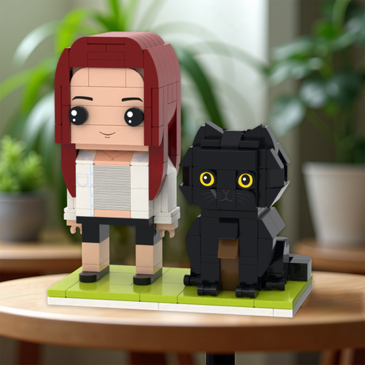 Personalised brick figure with custom photo face and bespoke hairstyle — custom photo block toy ideal as a personalised wedding gift or anniversary keepsake