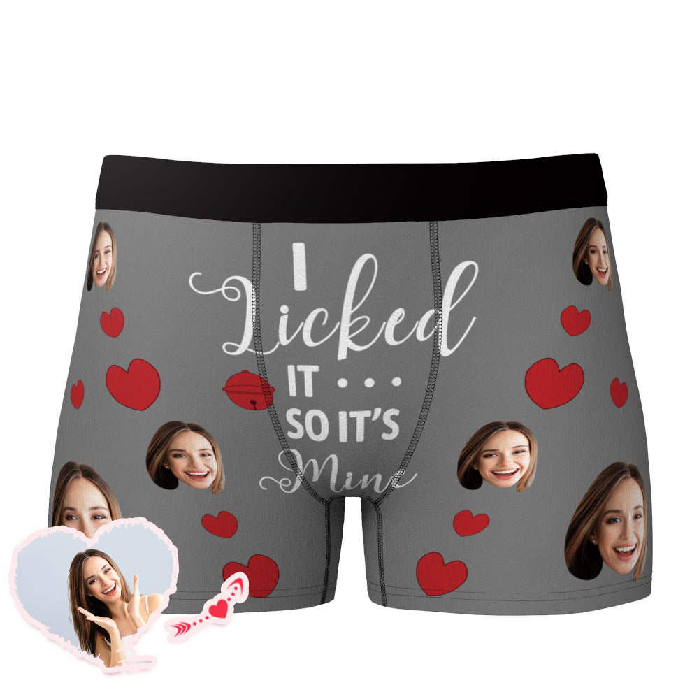 Personalised 'I Licked It So It's Mine' boxer briefs in multiple colours – black, white, red, blue, green and grey displayed as custom men's photo underwear