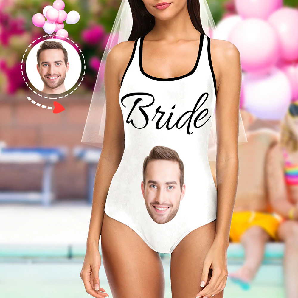 Front view of a personalised custom face one-shoulder one-piece swimsuit with name text — personalised one-piece swimwear ideal as a photo gift