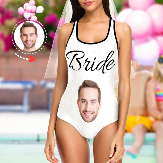 Front view of a personalised custom face one-shoulder one-piece swimsuit with name text — personalised one-piece swimwear ideal as a photo gift