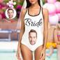 Front view of a personalised custom face one-shoulder one-piece swimsuit with name text — personalised one-piece swimwear ideal as a photo gift