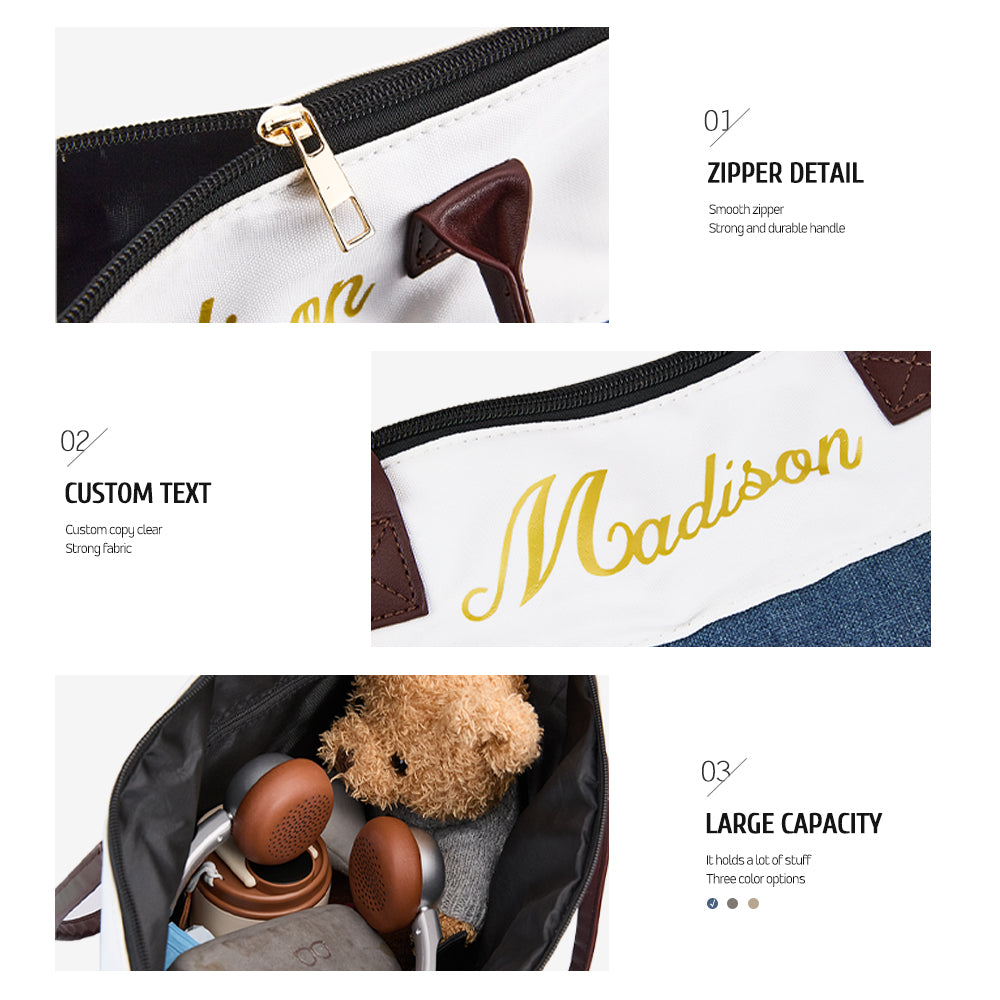 Detail of ribbon accent and reinforced stitching on a personalised bridesmaid canvas tote bag, durable keepsake gift