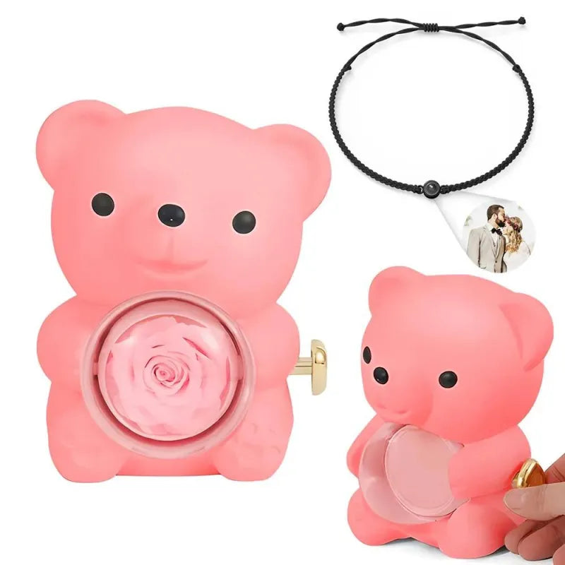 Couple sharing the personalised photo projection bracelet and rose bear giftbox – emotional Valentine's Day or anniversary surprise