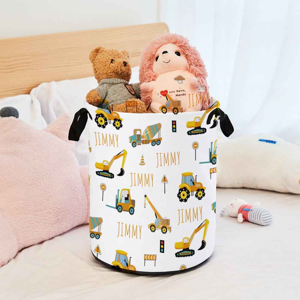 Personalized Work Vehicles Construction Trucks Toy Laundry Basket with Name Storage Basket Gift for Family Kids