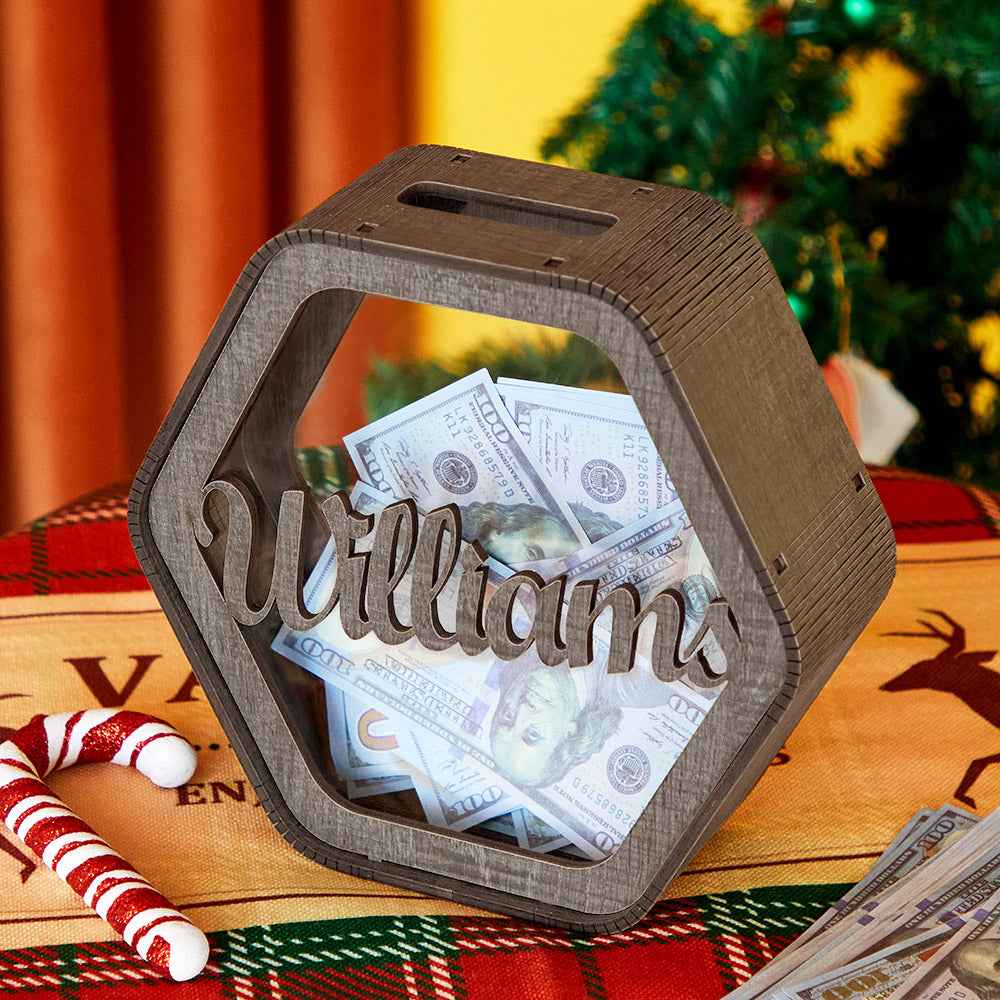 Custom Hexagonal Wood Piggy Bank with Name