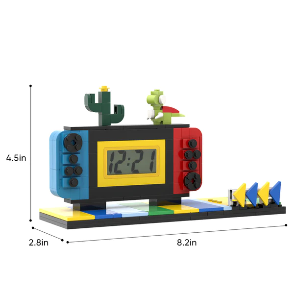 Detail shot of the console-style clock face and tactile block buttons on a personalised brick figures clock — bespoke gift for gamers and geeks