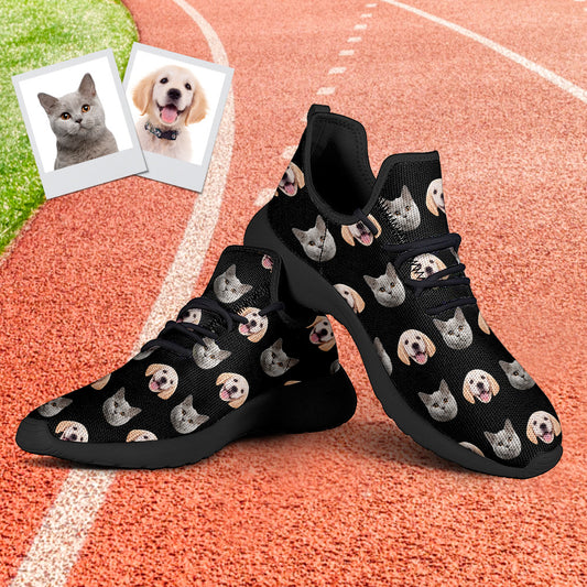 White custom face trainers showing a personalised photo printed on breathable mesh upper with vivid heat transfer print and supportive EVA sole, personalised photo sneakers and novelty trainers