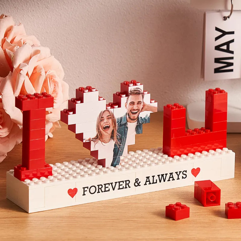 Dismantled brick photo puzzle pieces demonstrating reassembly — interactive brick photo puzzle keepsake