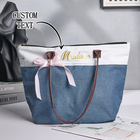 Personalised bridesmaid canvas tote bag with long handles and ribbon accent, printed name keepsake for the wedding party