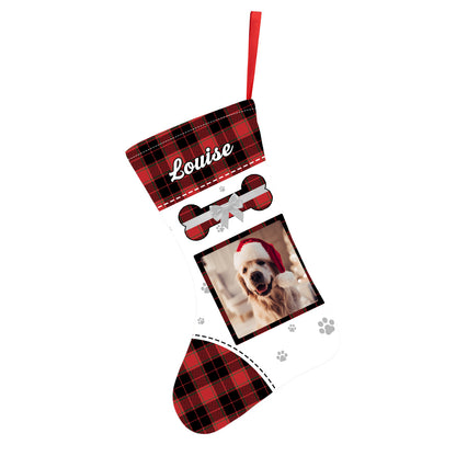 Close-up detail of heat-transfer print on a personalised pet photo stocking, showing vivid colours and crisp photo quality on velvet