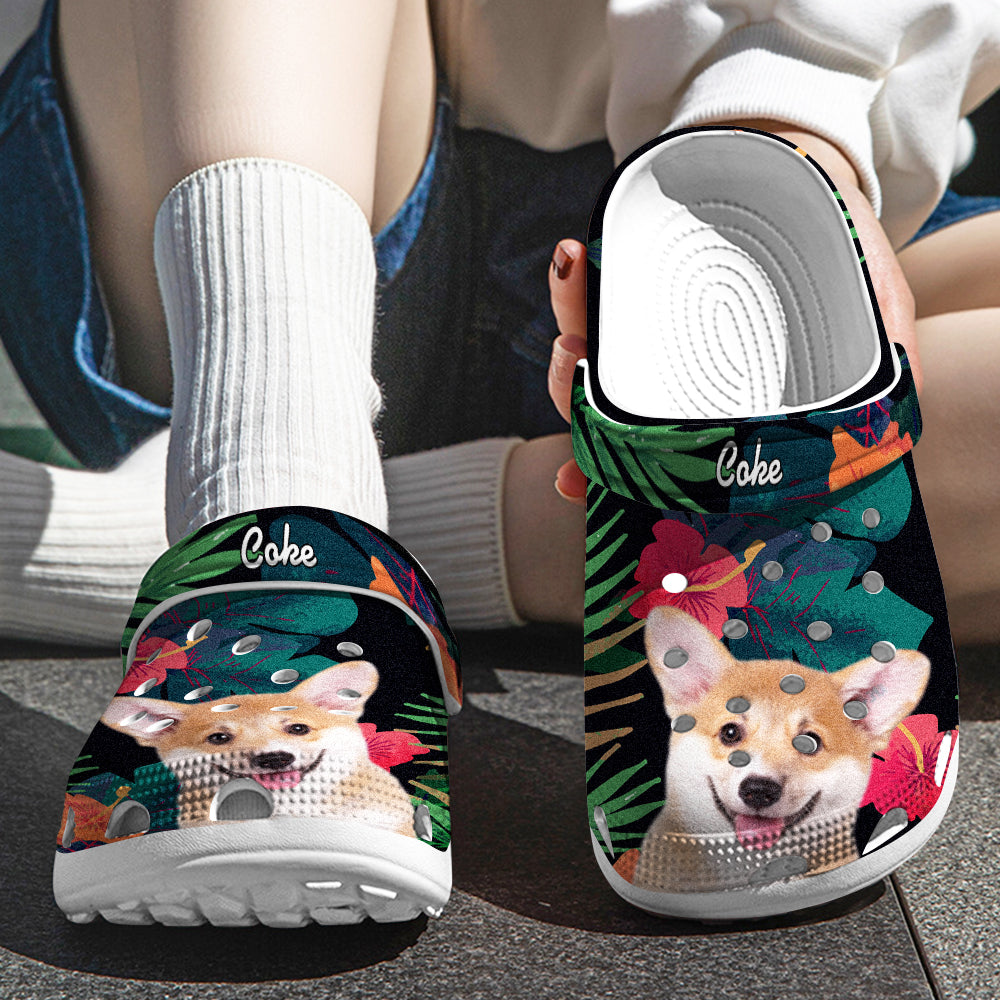 Close‑up of a personalised pet portrait clog showing the custom pet face print and personalised name on an adjustable heel strap – comfortable personalised shoes for pet lovers