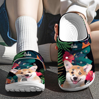 Close‑up of a personalised pet portrait clog showing the custom pet face print and personalised name on an adjustable heel strap – comfortable personalised shoes for pet lovers