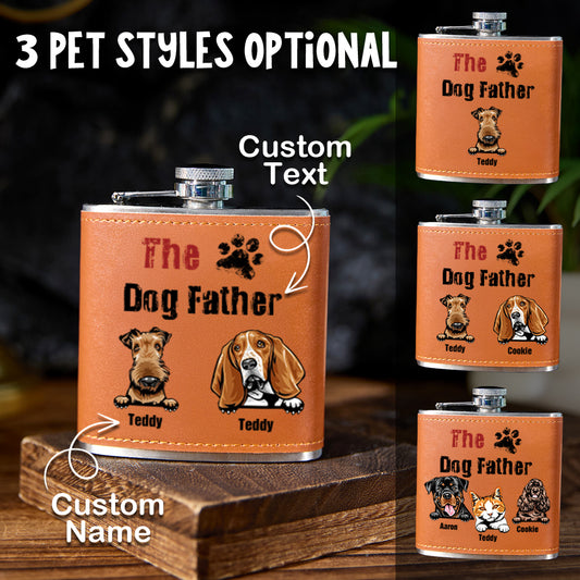 Personalised leather whisky flask 6oz with engraved name and paw print on premium PU leather wrap — ideal engraved gift for Dad and pet lovers