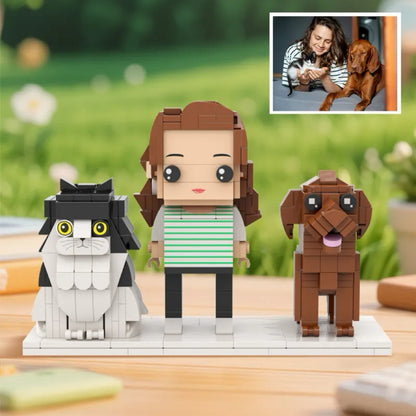 Custom brick figure featuring a person with their pet, a personalised photo gift.