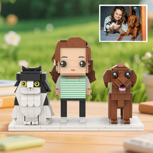 Custom brick figure featuring a person with their pet, a personalised photo gift.