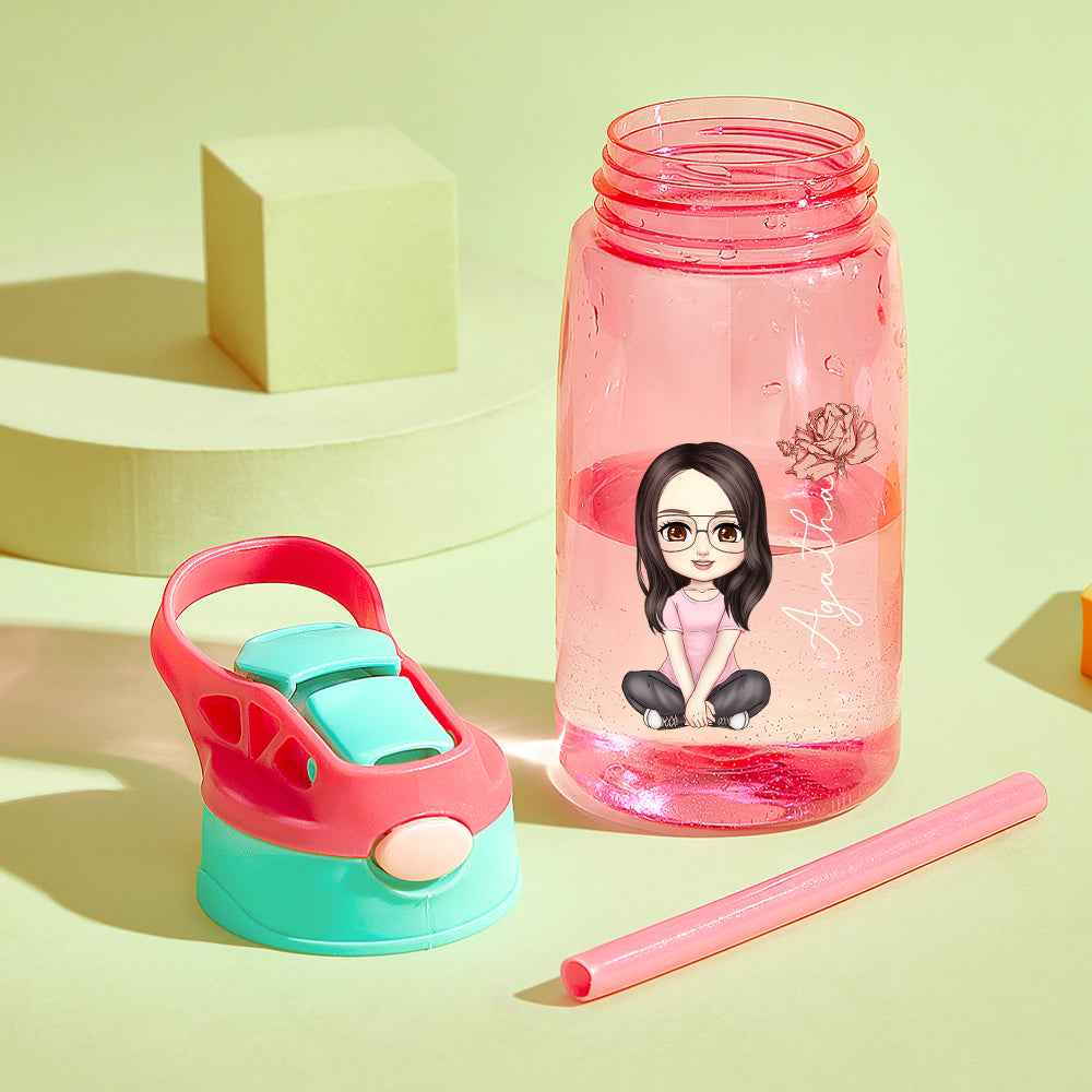 Personalized Cartoon Birth Flower Water Bottle with Straw 16oz Water Bottle Gift for Kids