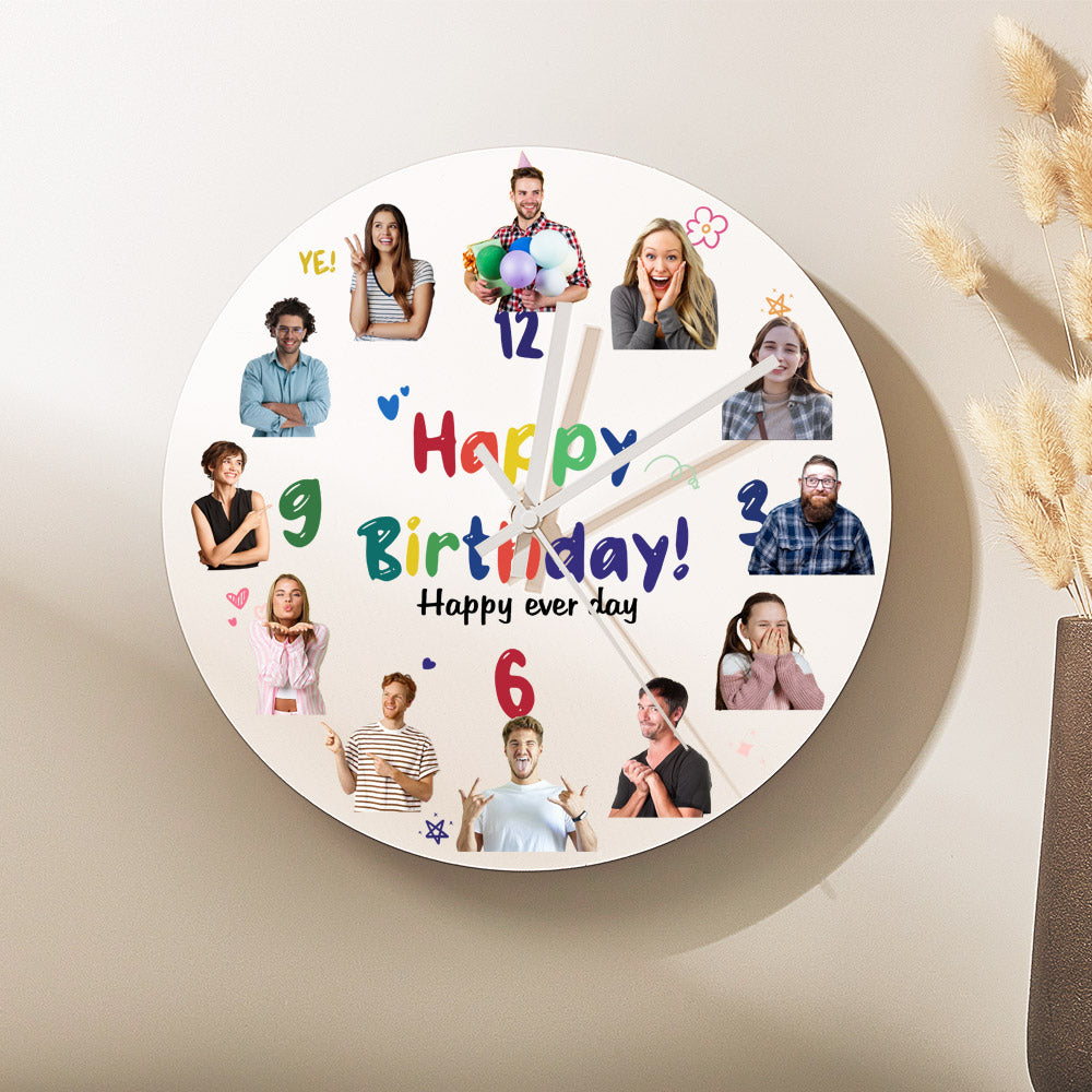 Happy Birthday personalised PVC wall clock showing engraved photo and optional name text — 30cm round custom photo clock ideal as a birthday present