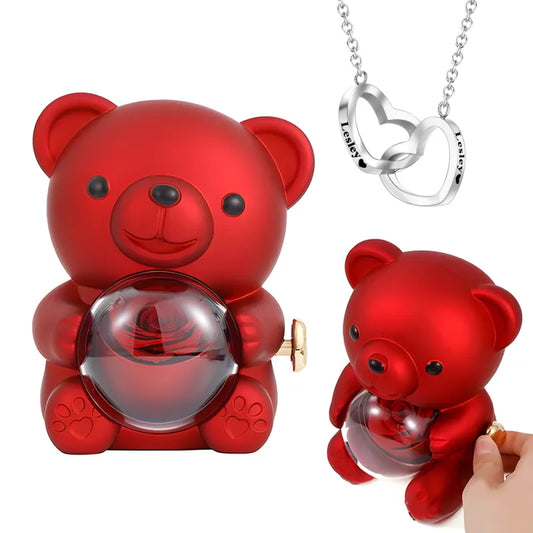 Personalised Eternal Rose Bear Jewellery Set — engraved titanium steel necklace paired with a red rose bear keepsake, perfect wedding gift for her