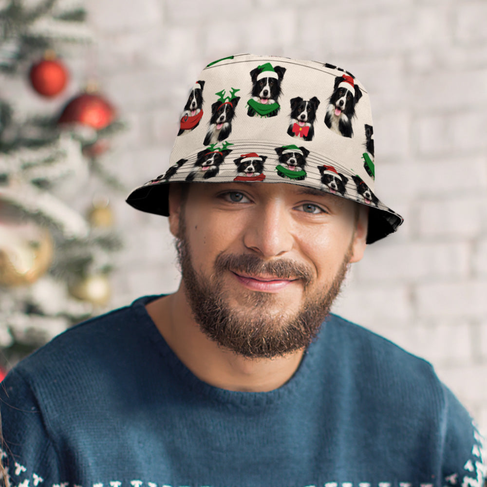 All‑over heat transfer print on a personalised pet Christmas bucket hat — vivid colours on durable, breathable polyester for outdoor wear