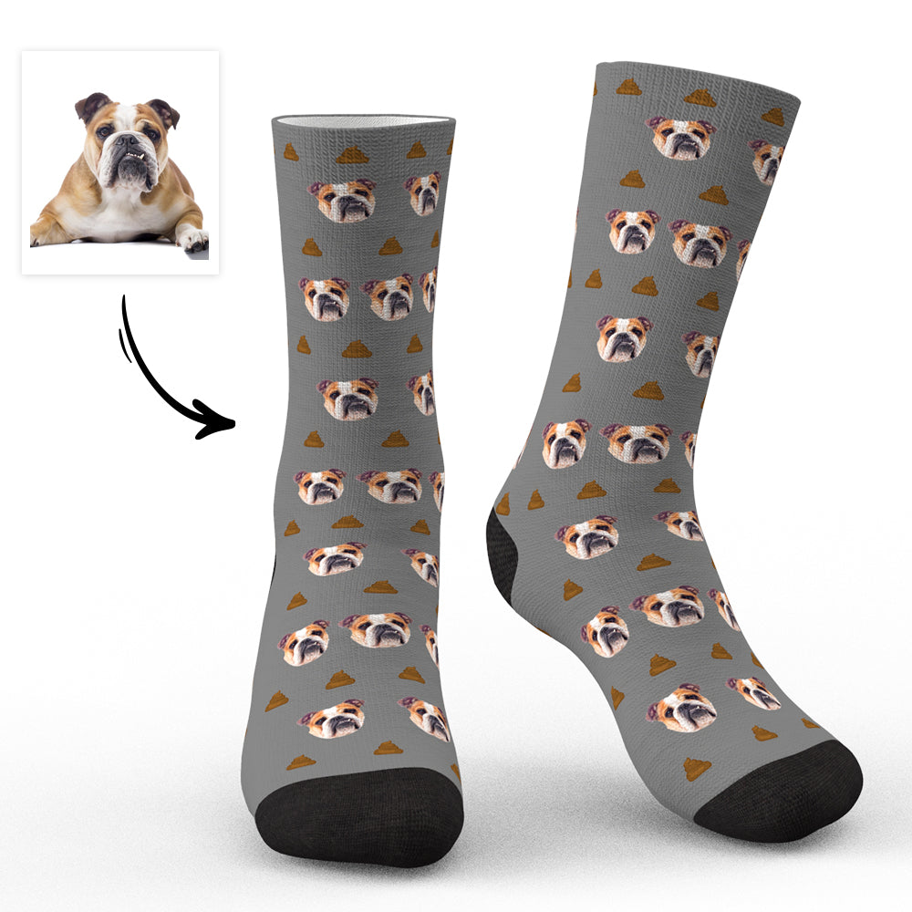 Pair of personalised photo socks laid flat showing vivid heat-transfer print and colour options — cosy custom face socks for everyday wear