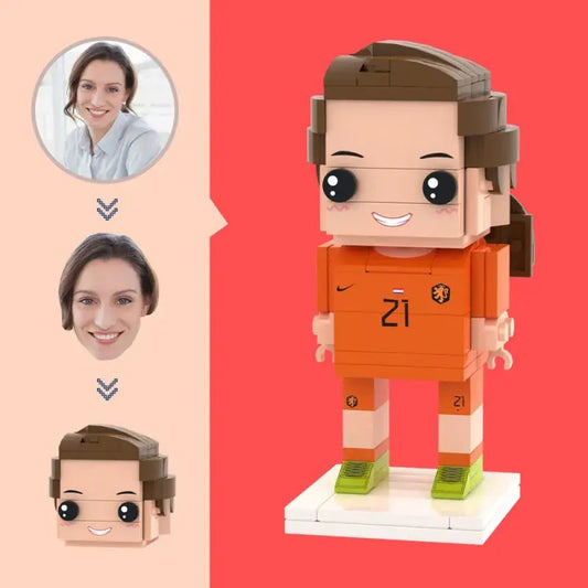 Custom footballer brick figure with personalised head and hairstyle – eco-friendly ABS building blocks, a unique football-themed gift.