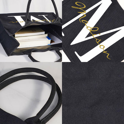 Care instruction close-up for personalised black canvas tote: wipe clean with a damp cloth to preserve the name and initial print