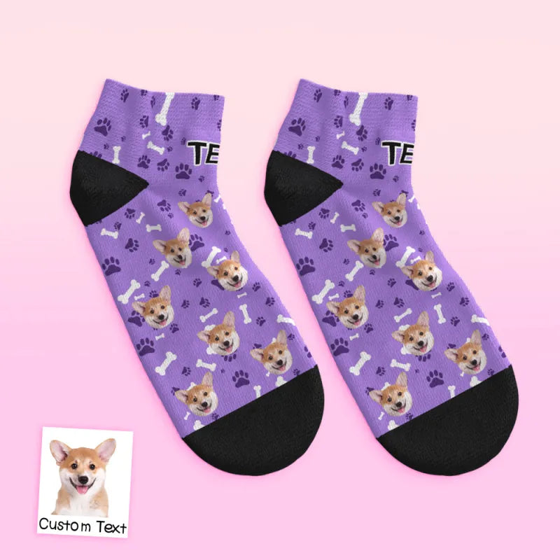 Flat pair of personalised dog face ankle socks with full-face print — photo socks for dog lovers