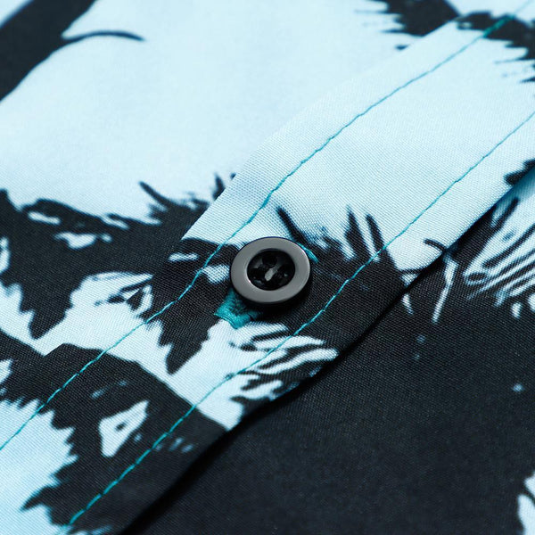 Model wearing personalised holiday beach party shirt with face print, short-sleeve lapel collar styled with chinos