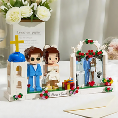 Full-body Custom 2 People Cute Brick Figures with Photo Frame Church Wedding Gift for Couple