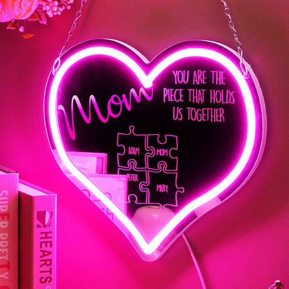 Close-up of personalised mum puzzle sign engraving on mirror acrylic, highlighting durable personalised kids' names and museum‑grade LED neon tubing – ideal Mother's Day present