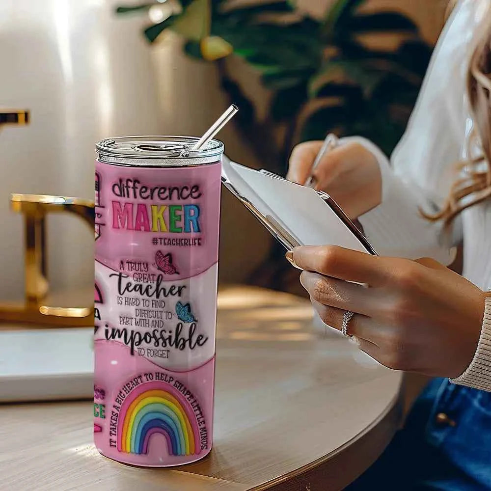 Personalized 3D Apple Pencil Design 20oz Skinny Tumbler Lid and Straw Back to School Gift for Teacher