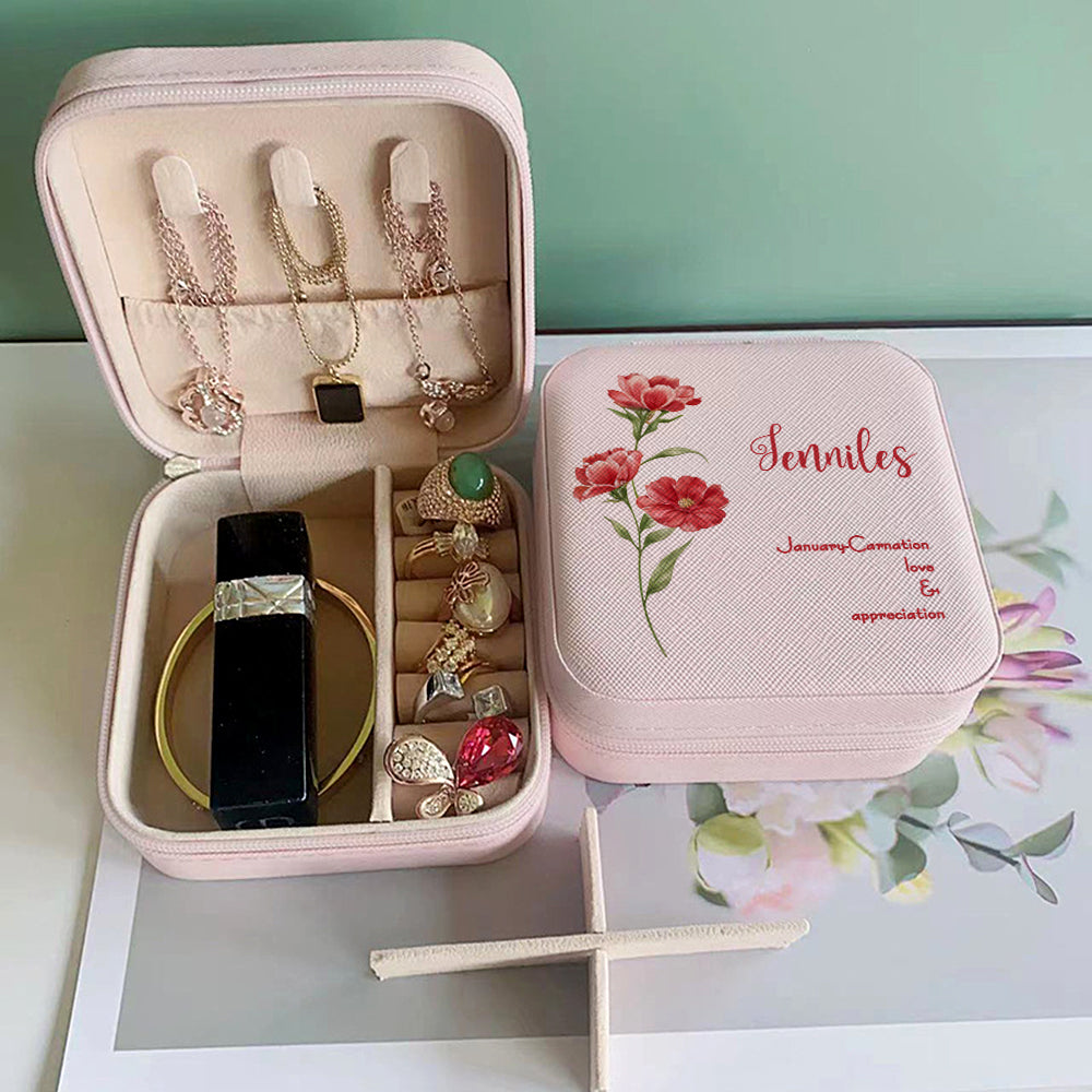 Personalised Birth Flower Leather Jewellery Box | Bridesmaid Gift