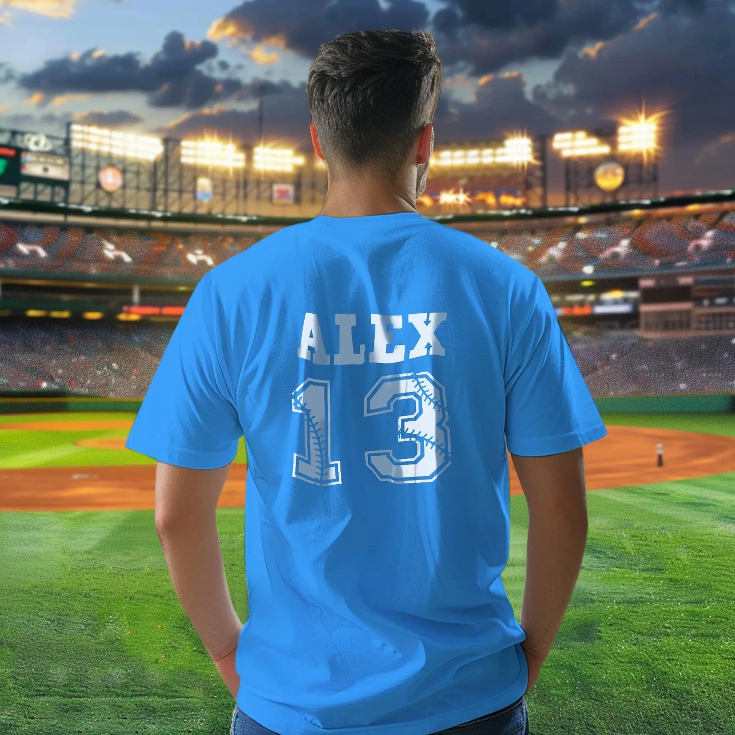 Group of team-style personalised baseball tees showing different names and numbers