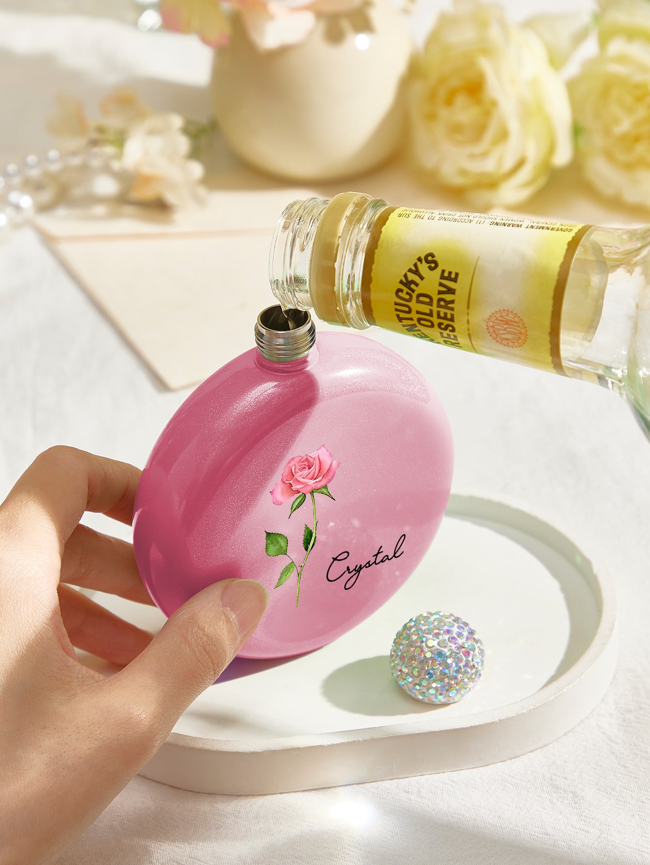 Personalised Birth Flower Round Flask with Name - 5oz Glitter Bridesmaid Gift