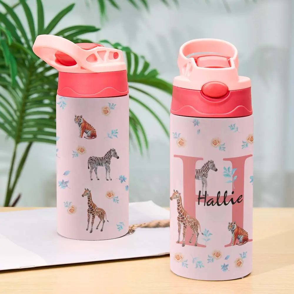 Personalised 12oz Stainless Steel Water Bottle with Straw | Kids Jungle Animal Design | Custom Name Gift
