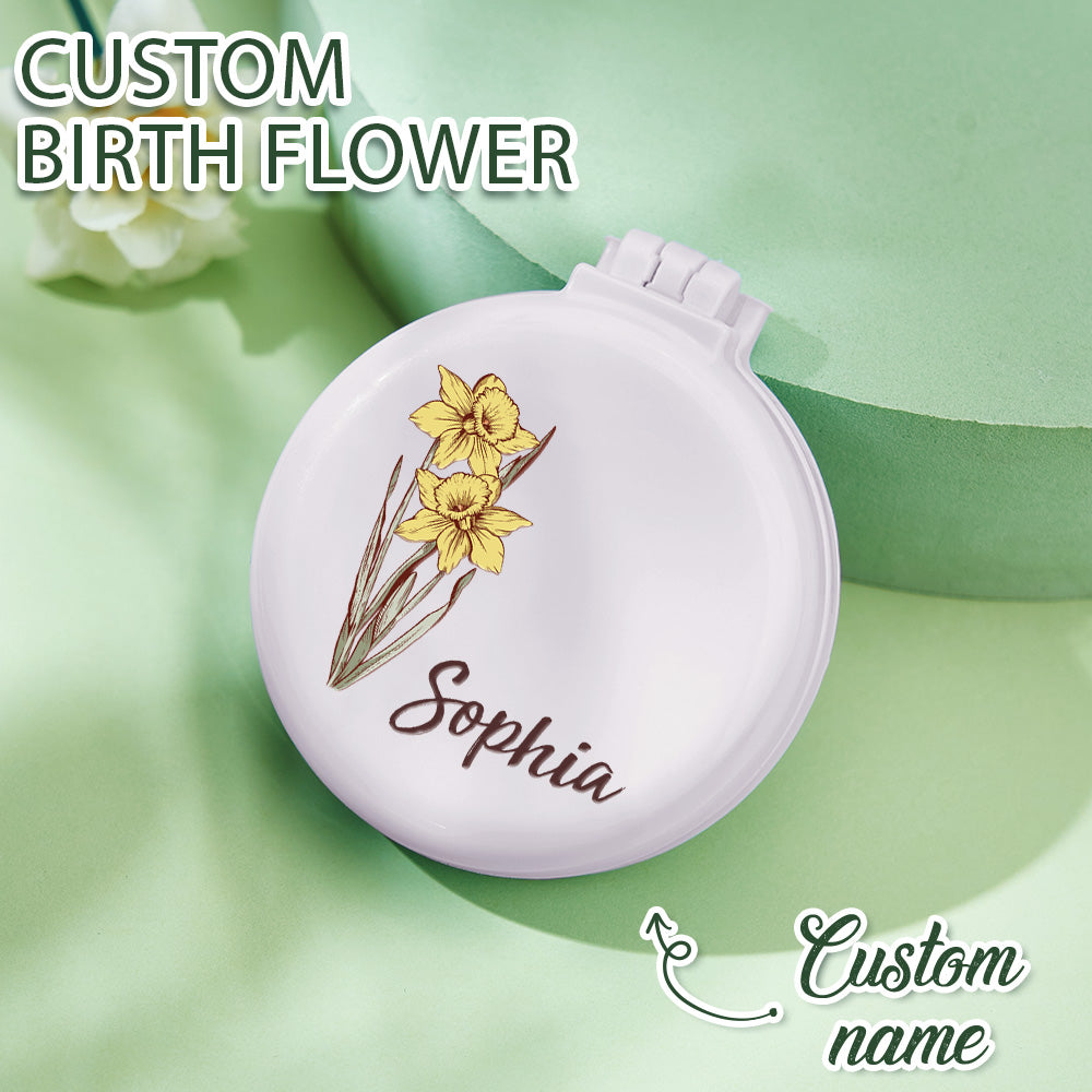 Personalised Birth Flower Cushion Mirror Comb with Hair Brush | Custom Name Gift