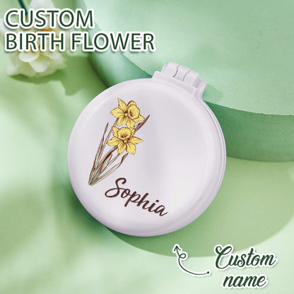 Personalised Birth Flower Cushion Mirror Comb with Hair Brush | Custom Name Gift