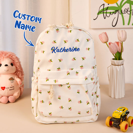Personalised flower girl schoolbag front view – custom name on pink floral nylon student backpack, 31x13x40cm
