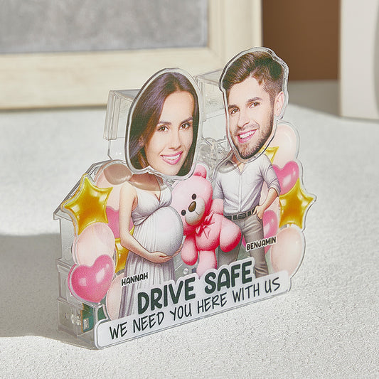 Personalised shaking head standee in clear acrylic featuring custom couple faces, 11.5×13.5cm desk ornament