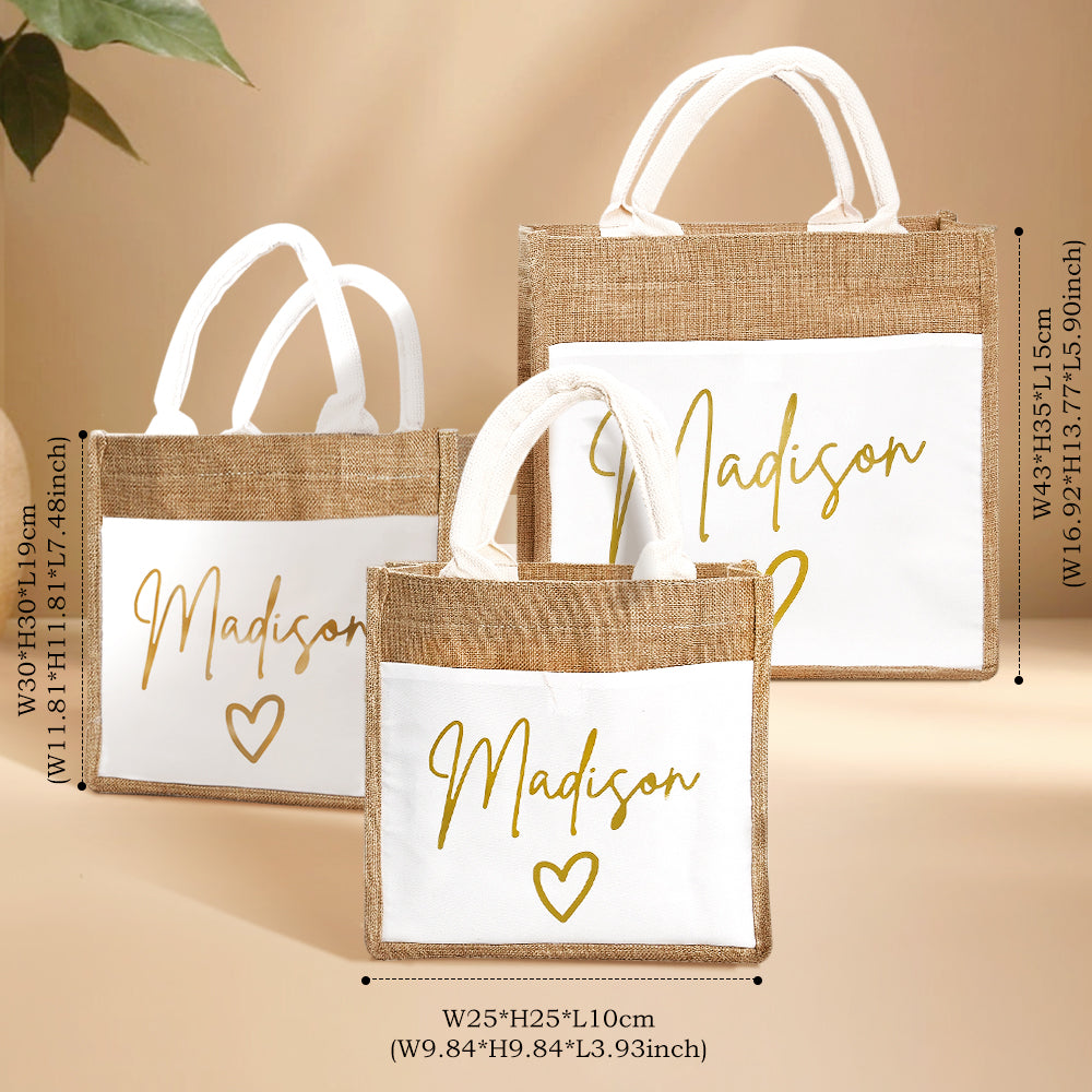 Personalised jute tote bag with external pocket — eco-friendly reusable linen travel & beach bag