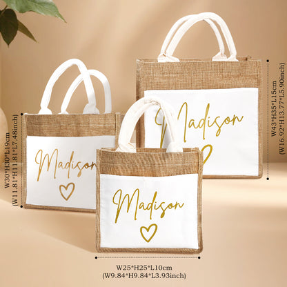 Personalised jute tote bag with external pocket — eco-friendly reusable linen travel & beach bag