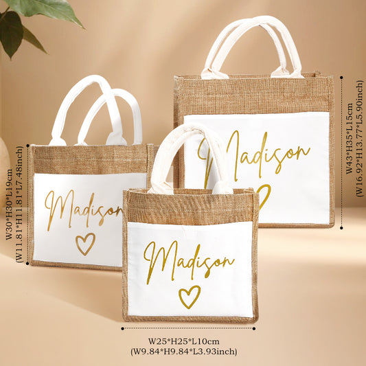 Personalised jute tote bag with external pocket — eco-friendly reusable linen travel & beach bag